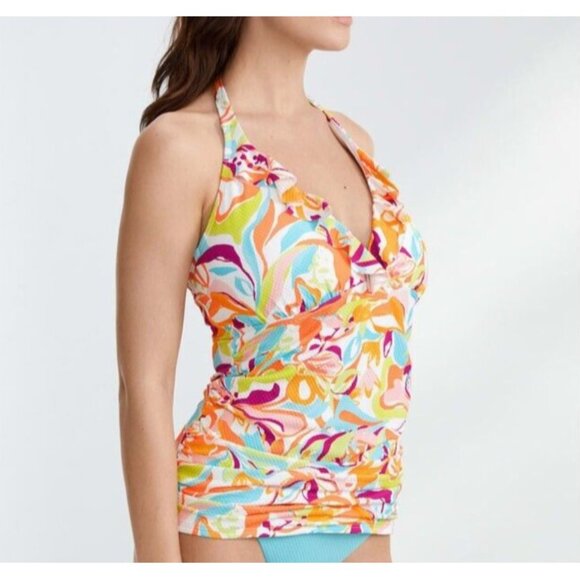 Birdsong Size 32DD Ruffle Halter Underwire Tankini Swim Top Ruched Groovy Print - Picture 2 of 12